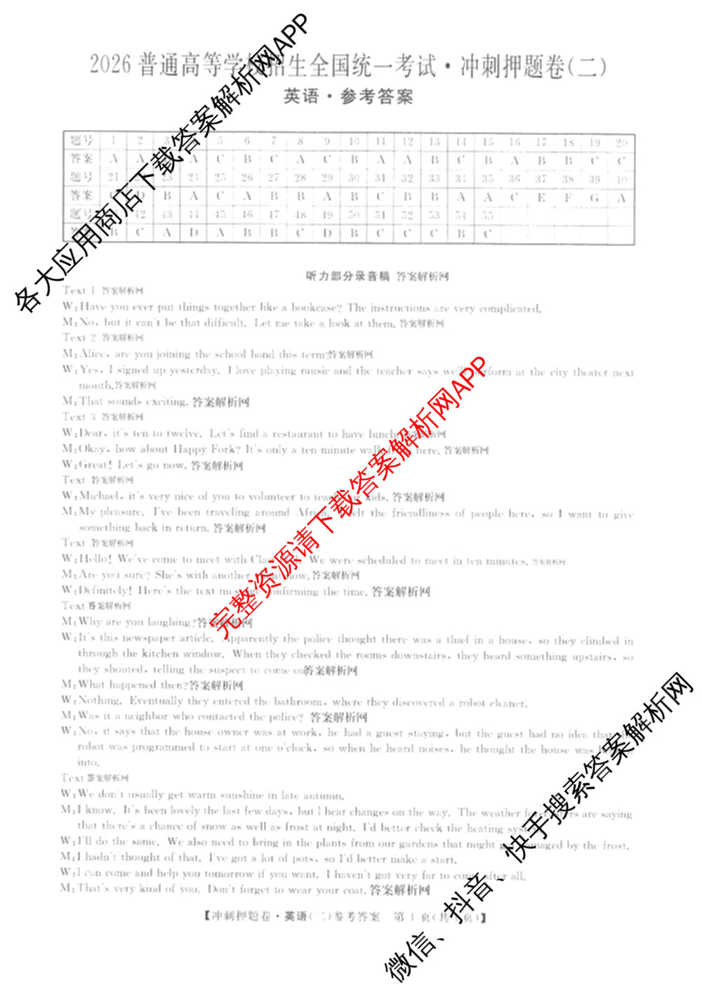 2026普通高等学校招生全国统一考试冲刺押题卷(二)2试卷及答案汇总（含物理 政治(C) 地理(C)等15份）英语答案