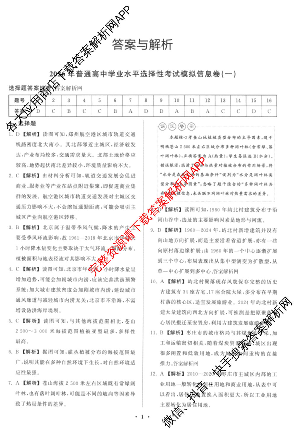 天舟高考衡中同卷2026年普通高等学校招生全国统一考试模拟信息卷(一)1（含数学(无字母)、物理(安徽版)、生物(WY)等34份）地理答案