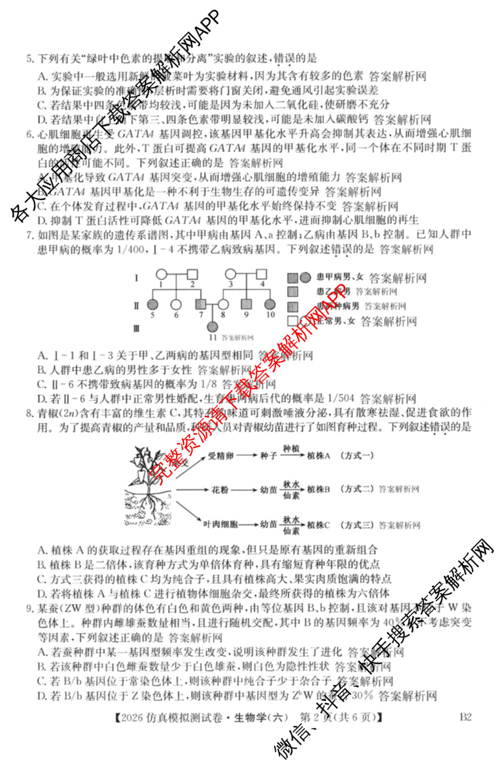 2026年全国高考仿真模拟测试卷(六)6试卷及答案汇总(已更新政治(河南) 物理(B1) 英语等9份)生物试题