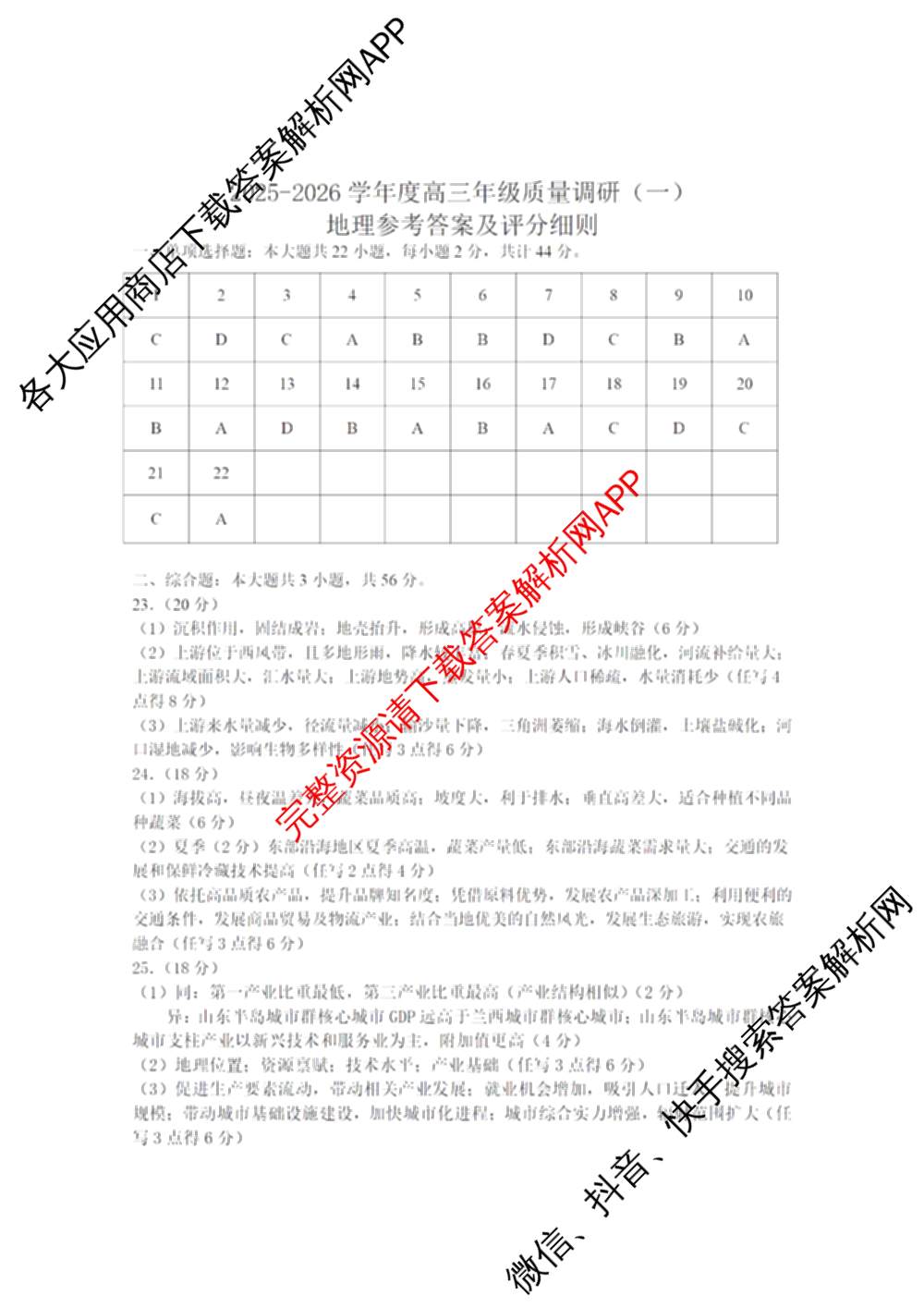 江苏省如皋市2025-2026学年度高三年级第一学期教学质量调研(一)(含语文 物理 英语等)地理答案 江苏省如皋市2025-2026学年度高三年级第一学期教学质量调研(一)(含语文 物理 英语等)地理答案