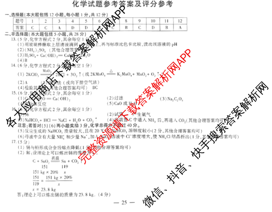 安徽省2024届九年级中考真题(已更新化学、历史、语文等7份)化学答案