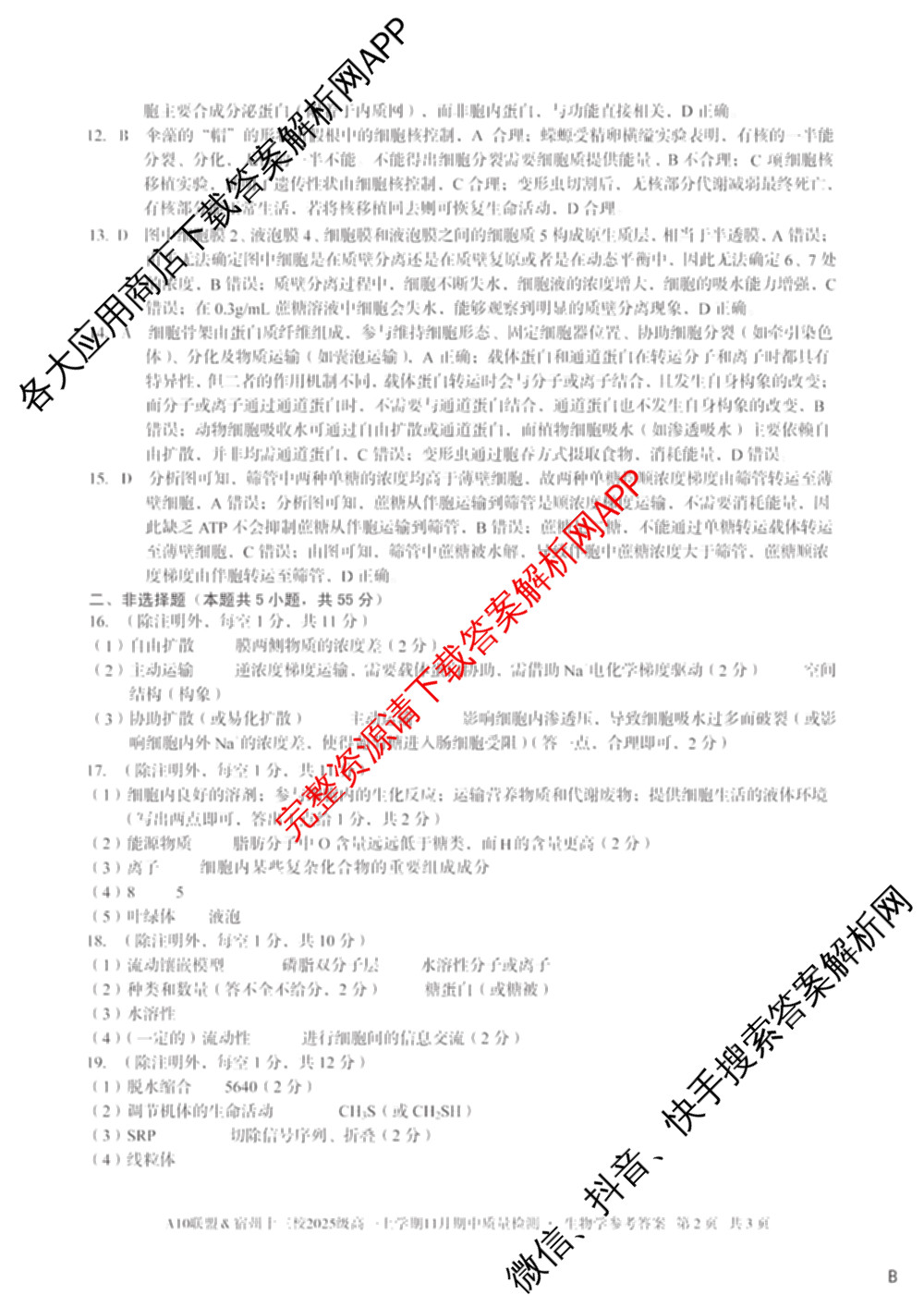 A10联盟&宿州十三校2025级高一上学期11月期中质量检测试卷及答案汇总（19科全）生物答案