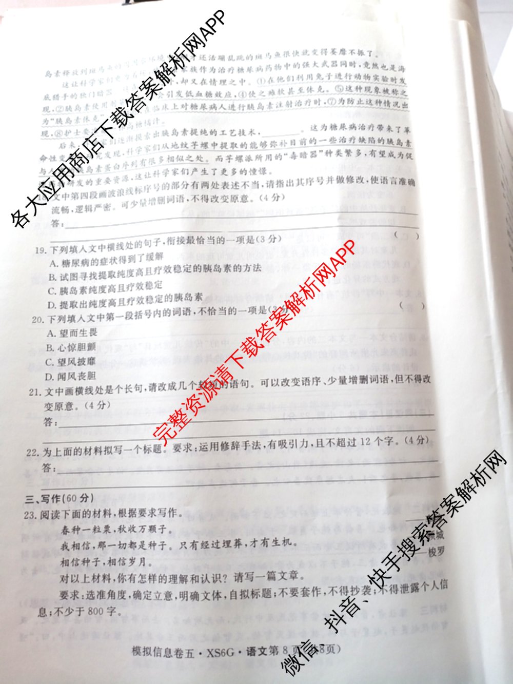 2026年普通高等学校招生统一考试模拟信息卷(四)4各科答案及试卷(已更新化学(XS6J)、地理(XS6J)、英语(XS6)等11份)语文试题