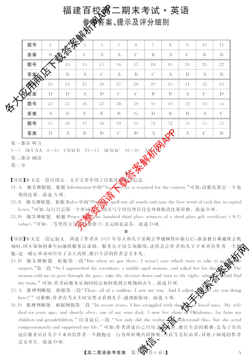 2024-2025学年福建百校高二期末考试(7月)(已更新数学(A)、物理(A)、语文(A)等9份)英语答案