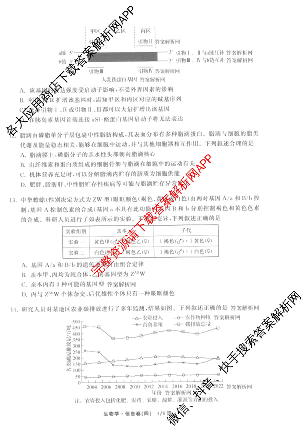 天舟高考衡中同卷2026年普通高等学校招生全国统一考试模拟信息卷(四)4试卷及答案汇总: 含历史(GY) 地理(WY) 理综(新疆版)试卷解析生物试题