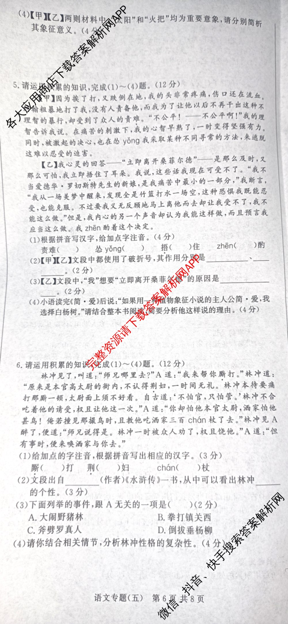 2026年安徽中考第一轮复专题(五)（含数学 物理 语文等）语文试题