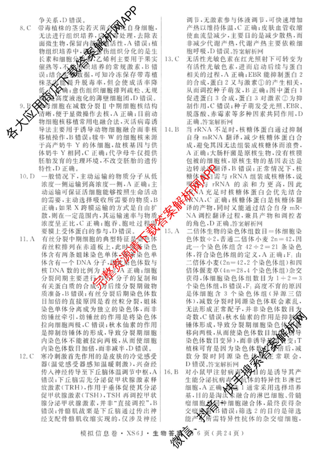 2026年普通高等学校招生统一考试模拟信息卷(二)2各科答案及试卷（含数学(XS6)、政治(XS6J)、语文(XS6G)等）生物答案