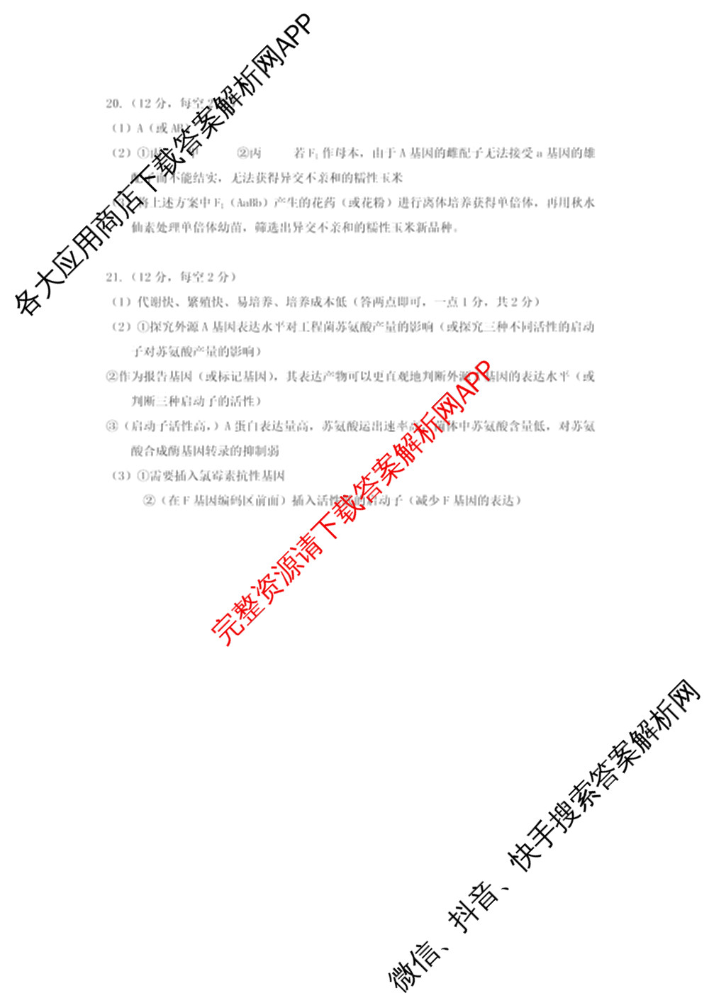 广东省梅州市2025-2026学年高三总复质检试卷(2026.3)[试卷类型A]试卷及答案汇总（含英语、语文、生物等9份）生物答案