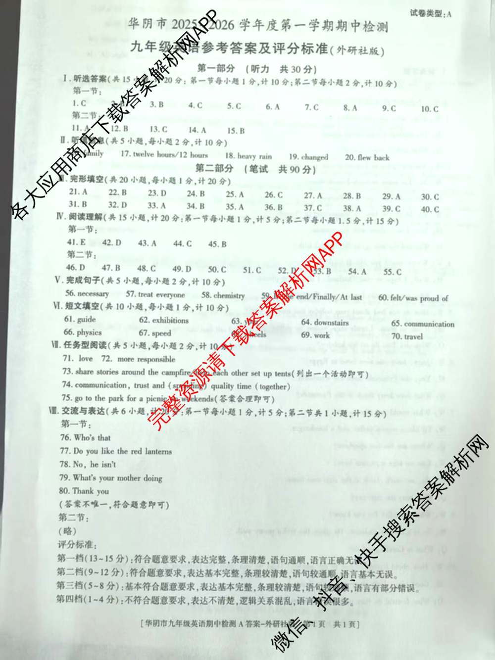 陕西省渭南市华阴市2025-2026学年度第一学期期中检测九年级[试卷类型A]各科答案及试卷（含数学(人教版) 化学(人教版) 历史(统编版)等7份）英语答案
