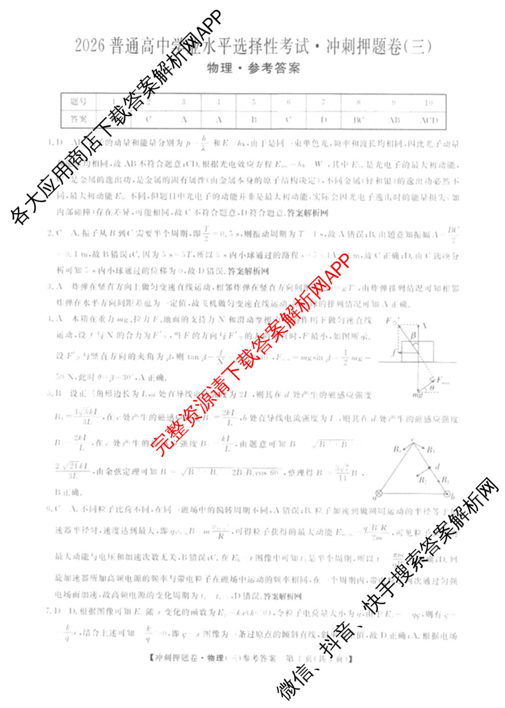 2026普通高等学校招生全国统一考试冲刺押题卷(三)3试卷及答案汇总（15科全）物理答案