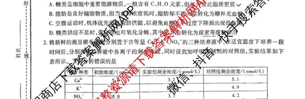 云南民族大学附属高级中学2026届高三联考卷(四)各科答案及试卷(已更新数学 物理 生物等9份)生物试题