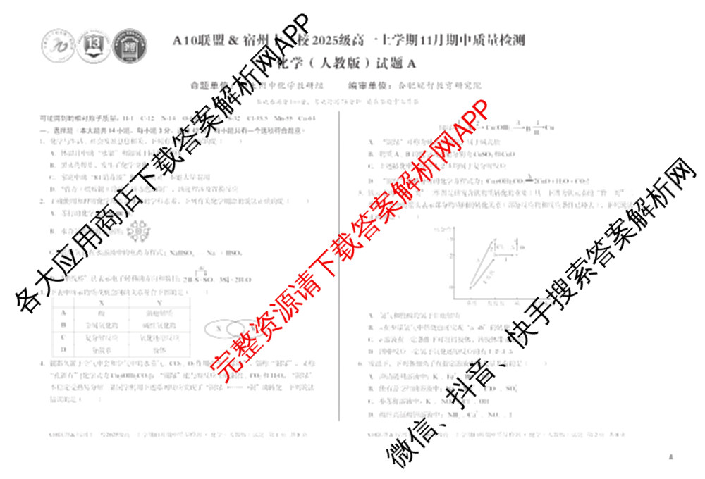 A10联盟&宿州十三校2025级高一上学期11月期中质量检测试卷及答案汇总（19科全）化学试题