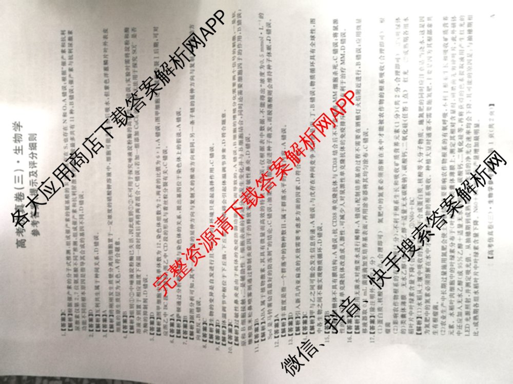 陕西省2025届高考仿真卷(三)各科答案及试卷（11科全）生物答案