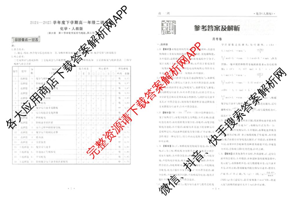 衡水金卷先享题月考卷2024-2025学年度下学期高一年级二调考试试卷及答案汇总（含政治 物理 历史等）化学答案
