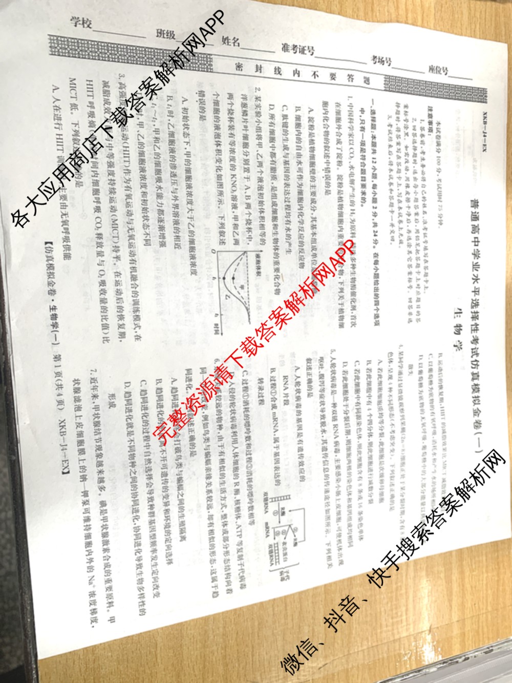 XKB-J-EX 2026届普通高等学校招生全国统一考试仿真模拟金卷(一)1试卷及答案汇总（含语文(XKB-J1-EX)、政治(XKB-J3-EX)、地理(XKB-J10-EX)等14份）生物试题