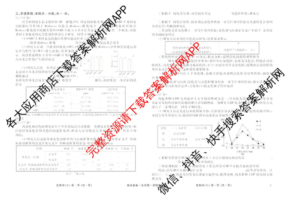 衡水金卷先享题调研卷2026年普通高等学校招生全国统一考试模拟试题(六)6（含地理(HN) 物理(HU) 物理(JS)等）生物试题