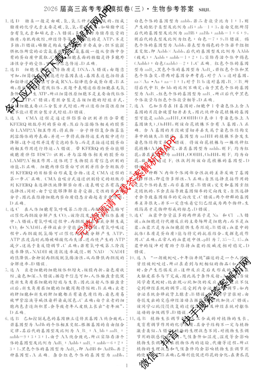 名校之约系列2026届高三高考考前模拟卷(三)3（含生物(SHJL) 物理(山东) 政治(山东)等）生物答案