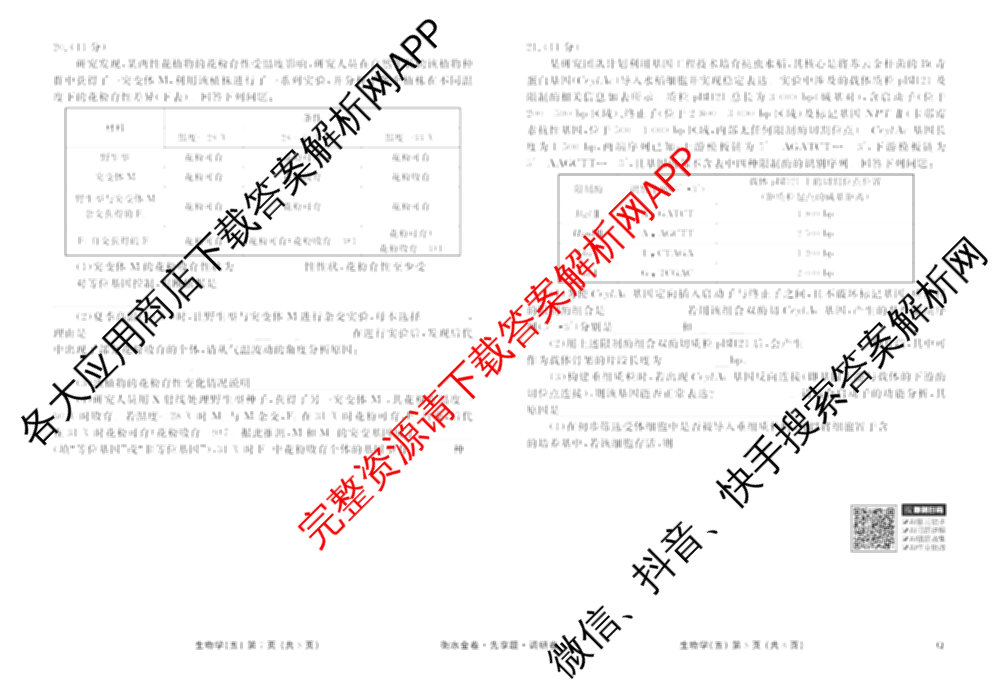 衡水金卷先享题调研卷2026年普通高等学校招生全国统一考试模拟试题(五)5各科答案及试卷（91科全）生物试题