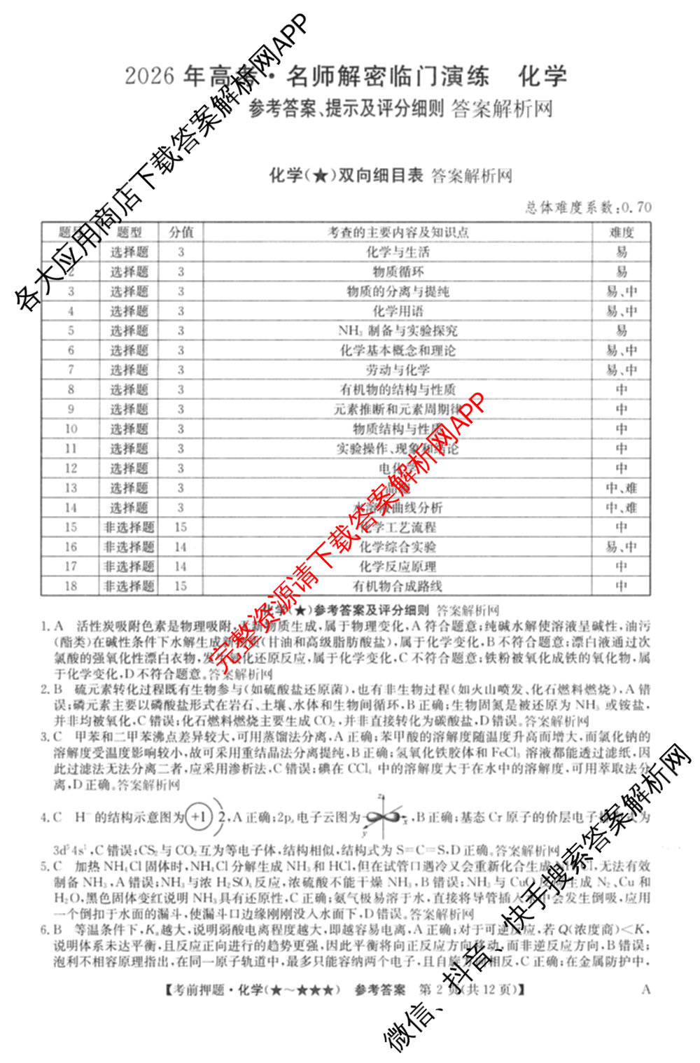 2026年高考名师解密临门演练(★)试卷及答案汇总（含化学(B)、生物(A)、地理(A)等）化学答案