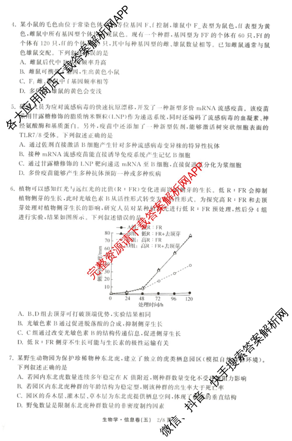 天舟高考衡中同卷2026年普通高等学校招生全国统一考试模拟信息卷(五)5（含化学(JY) 历史(GY) 物理(山东版)等35份）生物试题