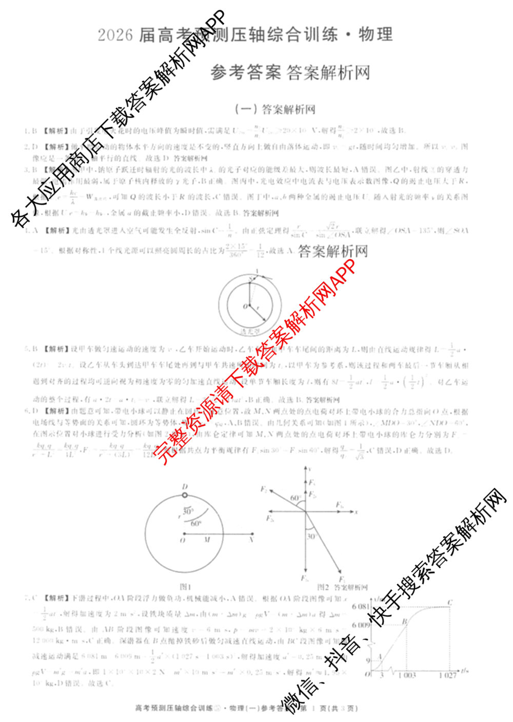 2026届高考预测压轴综合训练(一)1试卷及答案汇总（10科全）物理答案