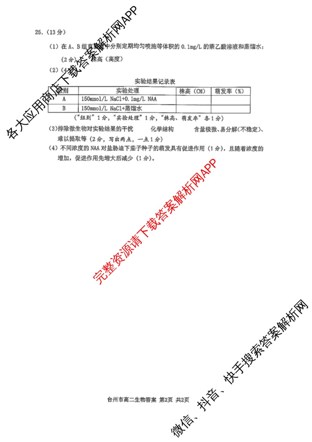 台州市2024学年第一学期高二年级期末质量评估: 含政治 技术 数学试卷解析生物答案