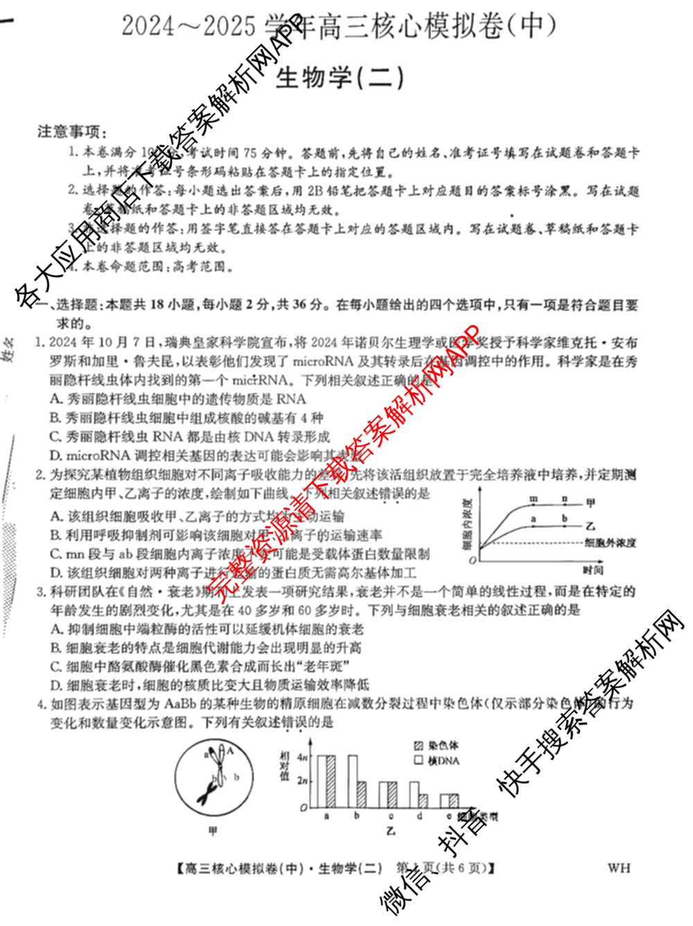 九师联盟2024~2025学年高三核心模拟卷(中)(二)2各科答案及试卷: 含政治(JX) 生物(D1) 生物(HB)试卷解析生物试题
