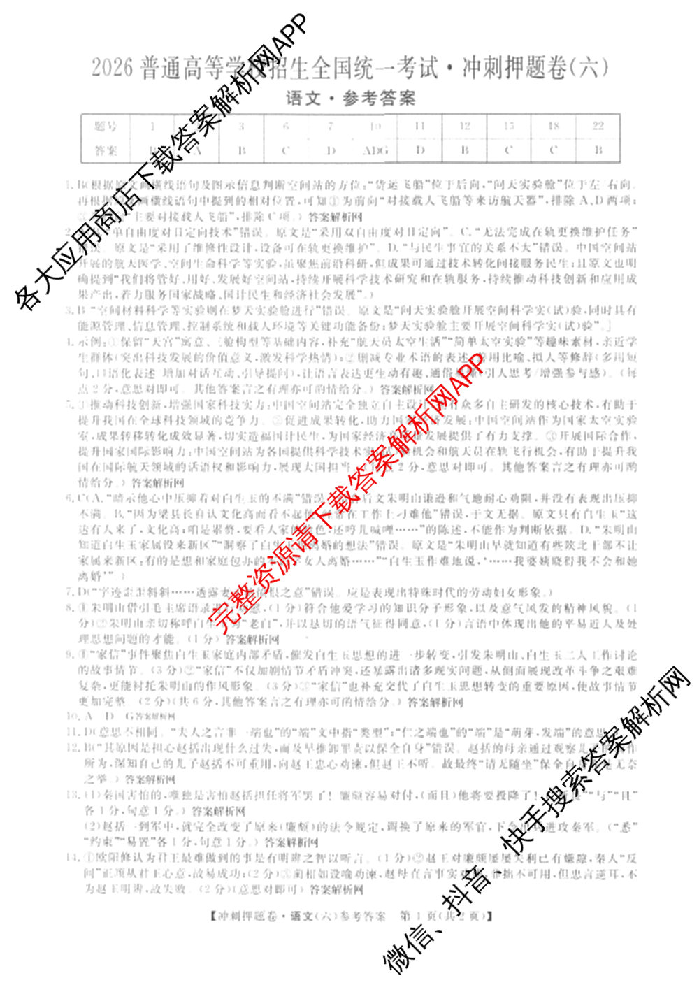 2026普通高等学校招生全国统一考试冲刺押题卷(六)6（含语文 历史 数学(B L)等）语文答案