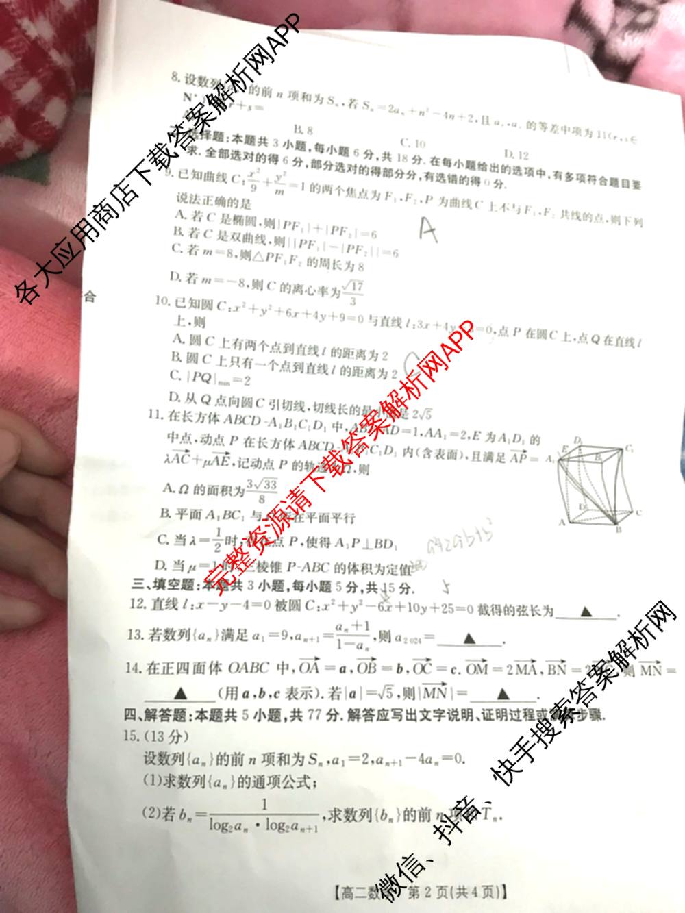 广西省2024年秋季学期高二年级期末教学质量监测(版本2)各科答案及试卷(已更新历史 物理 政治等8份)数学试题