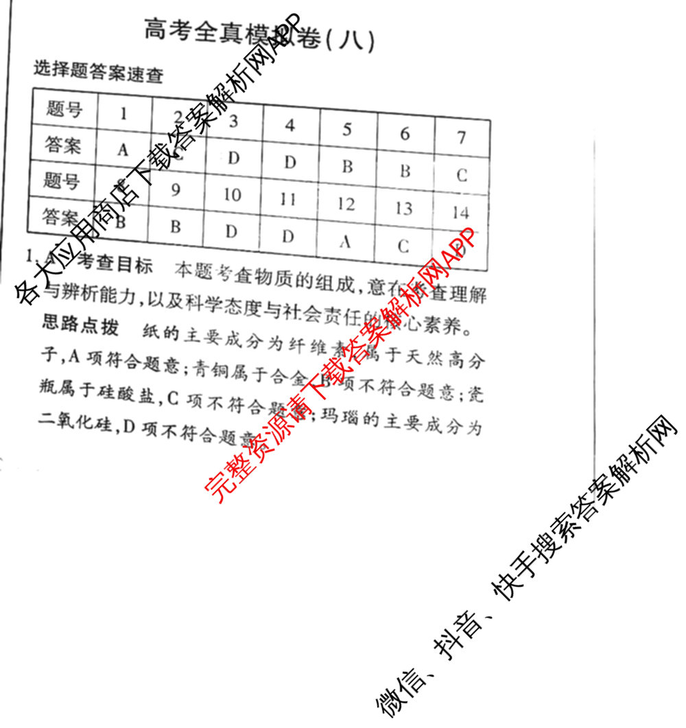 天一大联考2026届高考全真模拟卷(八)8（含生物(专版)、历史(专版)、政治(安徽专版)等）化学答案