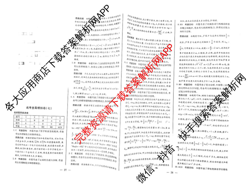 天一大联考2026届高考全真模拟卷(七)7试卷及答案汇总: 含物理(湖南专版) 化学(专版) 物理(山西专版)试卷解析物理答案