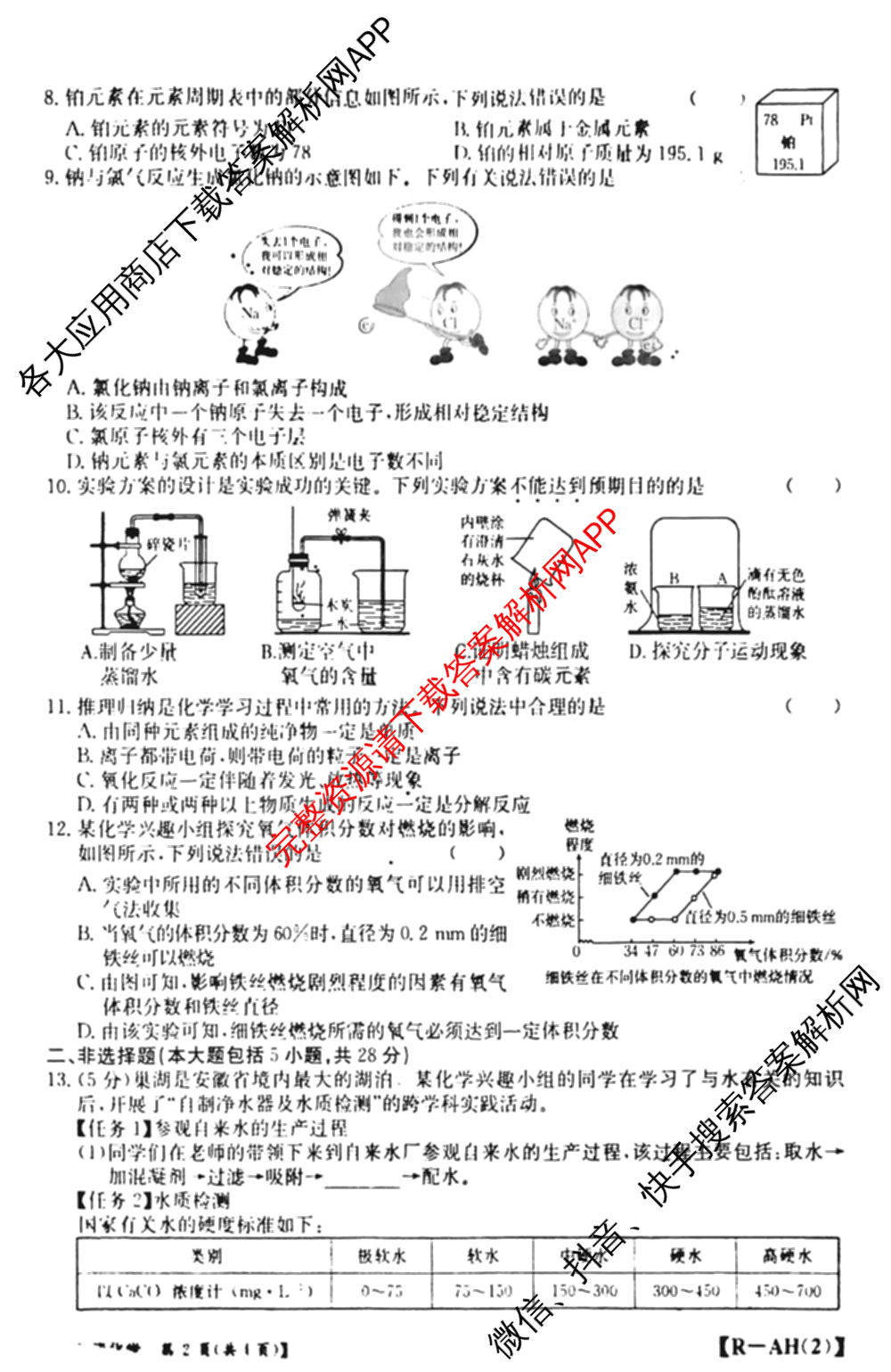 安徽省2026届九年级阶段评估[AH(2)]各科答案及试卷（含语文(R)、历史(R)、数学(R)等14份）化学试题