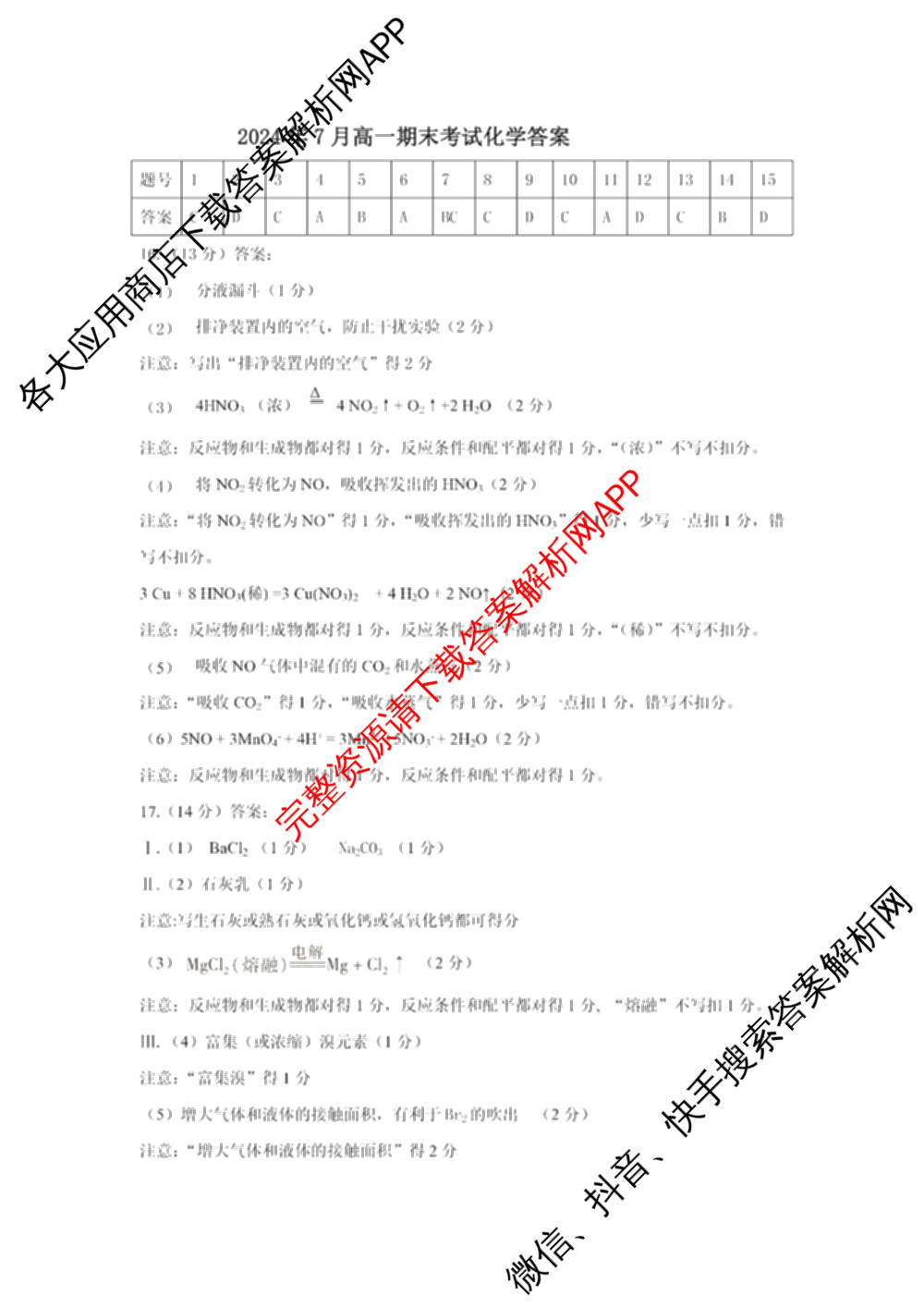 山西省运城市2023-2024学年高一年级第二学期期末调研测试(2024.7)试卷及答案汇总（含历史、物理、语文等9份）化学答案