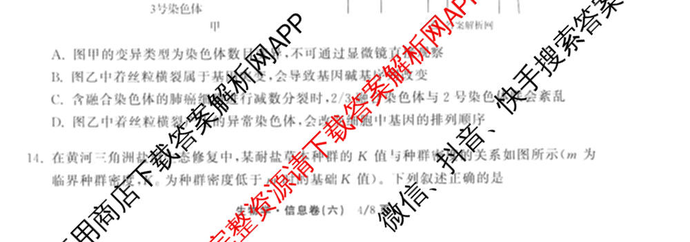 天舟高考衡中同卷2026年普通高等学校招生全国统一考试模拟信息卷(六)6试卷及答案汇总: 含化学(山东版) 英语(通用版) 生物(WY)试卷解析生物试题