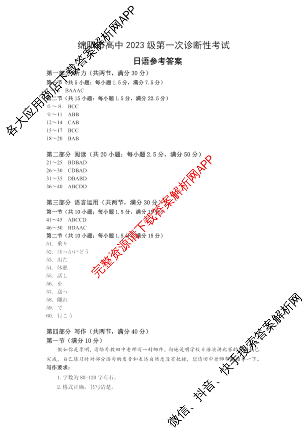 [绵阳一诊]绵阳市高中2023级第一次诊断性考试试卷及答案汇总（含化学 历史 物理等）日语答案