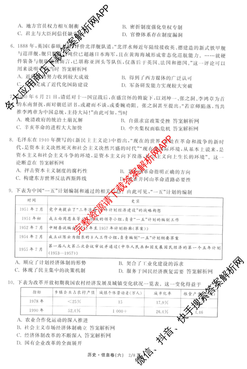 天舟高考衡中同卷2026年普通高等学校招生全国统一考试模拟信息卷(六)6试卷及答案汇总: 含化学(山东版) 英语(通用版) 生物(WY)试卷解析历史试题