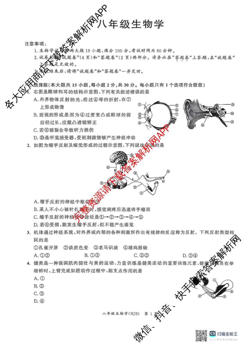 安徽省2025-2026同步达标自主练八年级第三次(S)各科答案及试卷: 含英语 历史 物理(BS)试卷解析生物试题
