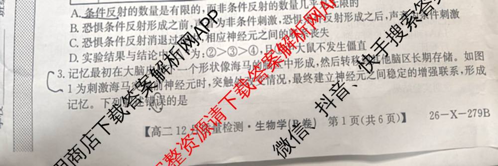 [安徽县中联盟]2025~2026学年第一学期高二12月质量检测(26-X-279B)各科答案及试卷（含物理(B卷) 历史(A卷) 化学(B卷)等）生物试题