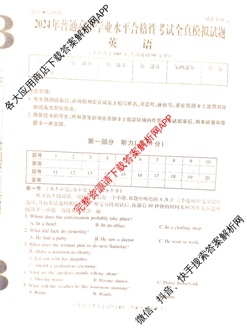 陕西省2024年普通高中学业水合格性考试全真模拟试题(B)(4月)（11科全）英语试题