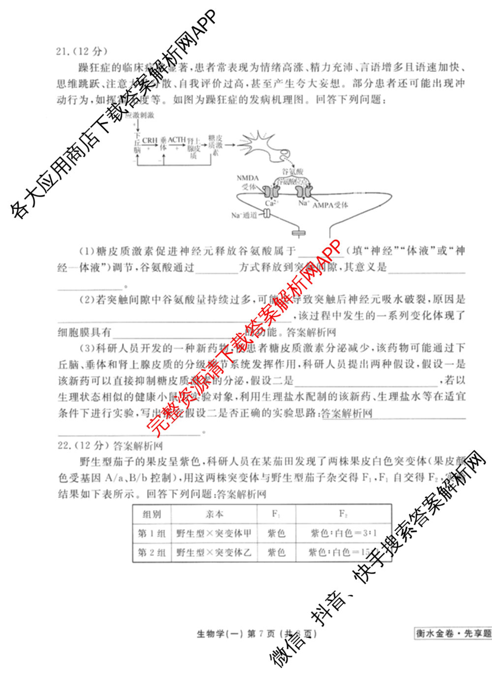 衡水金卷先享题夯基卷 2026年普通高等学校招生全国统一考试模拟 (一)1试卷及答案汇总: 含政治、物理(Q)、地理(MH)试卷解析生物试题