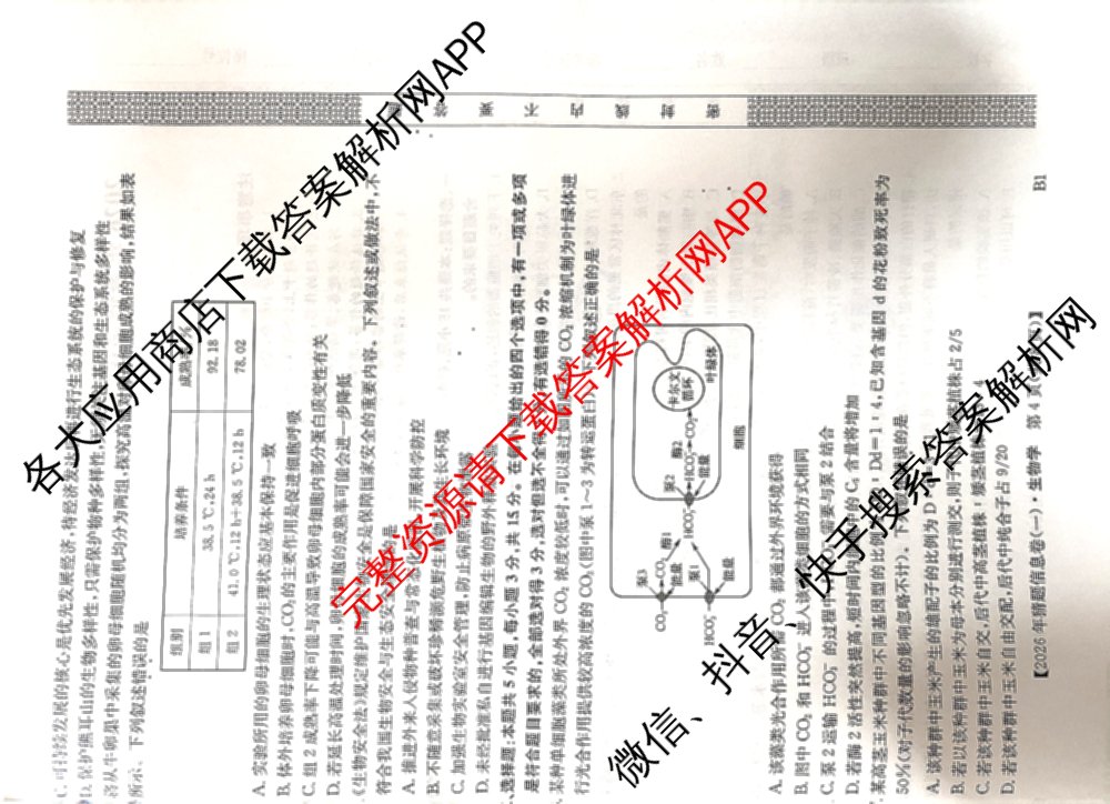 2026年普通高等学校招生全国统一考试猜题信息卷(一)1试卷及答案汇总(已更新物理(AH)、地理(B3)、化学(B3)等19份)生物试题