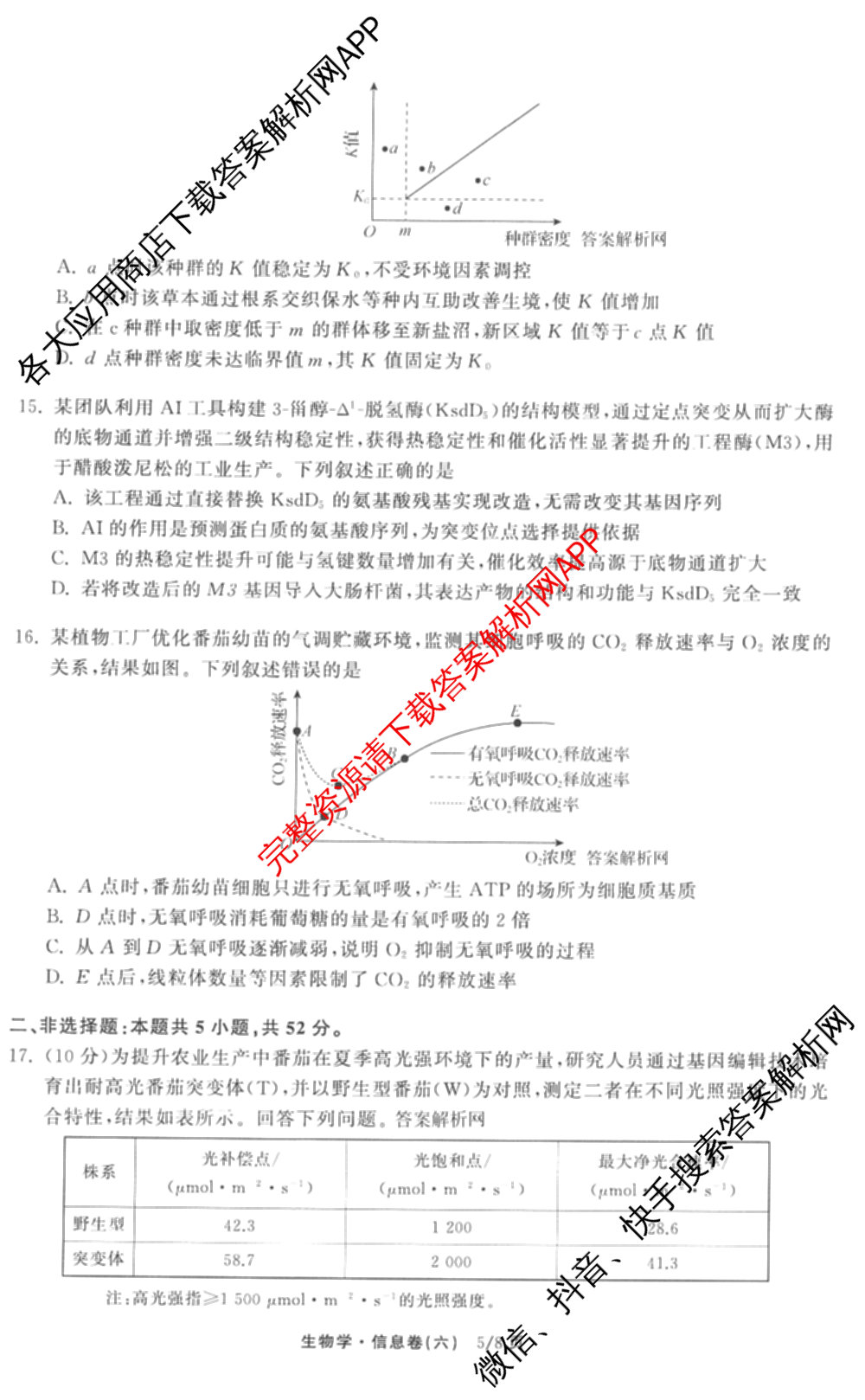 天舟高考衡中同卷2026年普通高等学校招生全国统一考试模拟信息卷(六)6（含化学(山东版)、政治(DB)、物理(山东版)等35份）生物试题