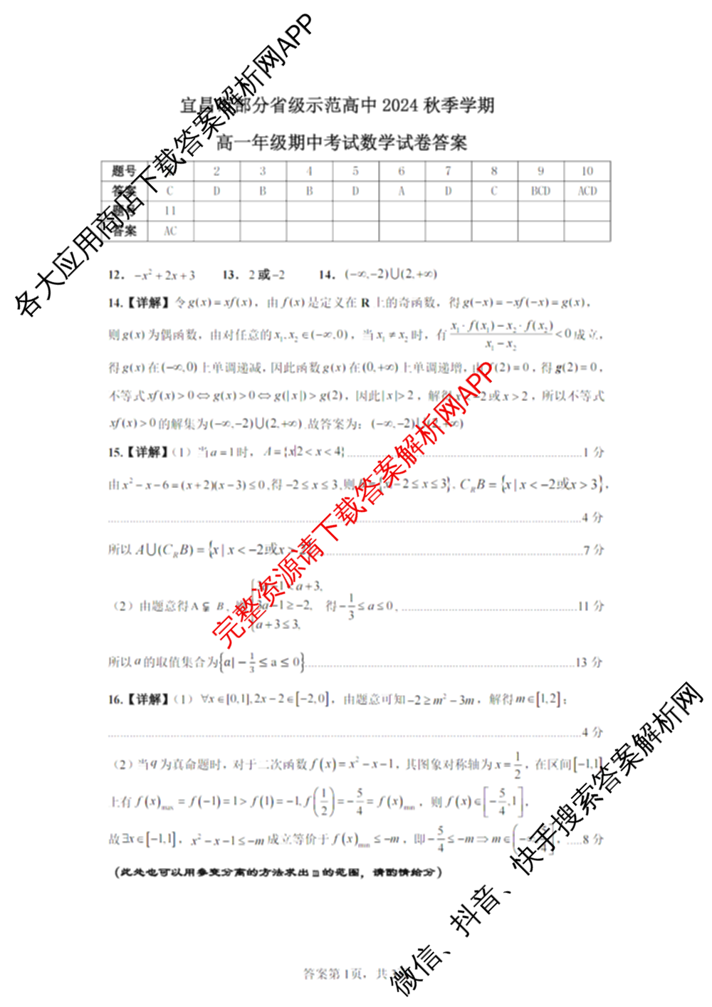 宜昌市部分省级示范高中2024秋季学期高一年级期中考试试卷及答案汇总(含化学、数学、政治等)数学答案 宜昌市部分省级示范高中2024秋季学期高一年级期中考试试卷及答案汇总(含化学、数学、政治等)数学答案