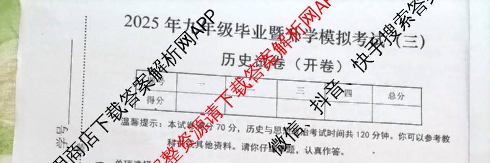 安徽省2025年九年级毕业暨升学模拟考试(三)试卷及答案汇总（含化学、历史、语文等）历史试题