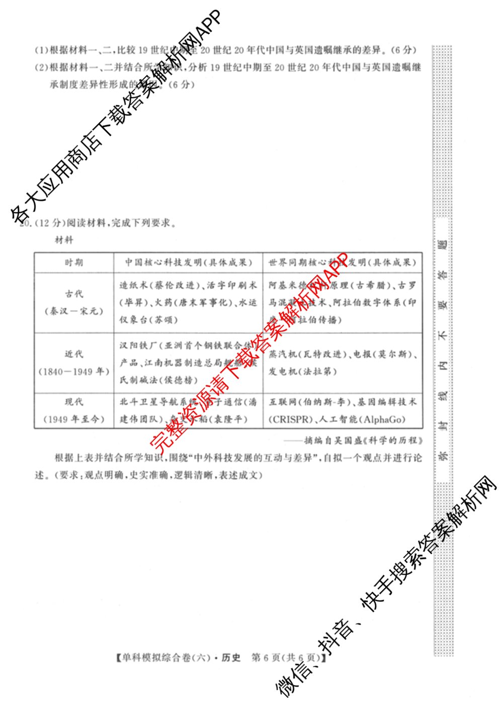 2026新高考单科模拟综合卷(六)6试卷及答案汇总(已更新生物、物理、化学(N)等18份)历史试题
