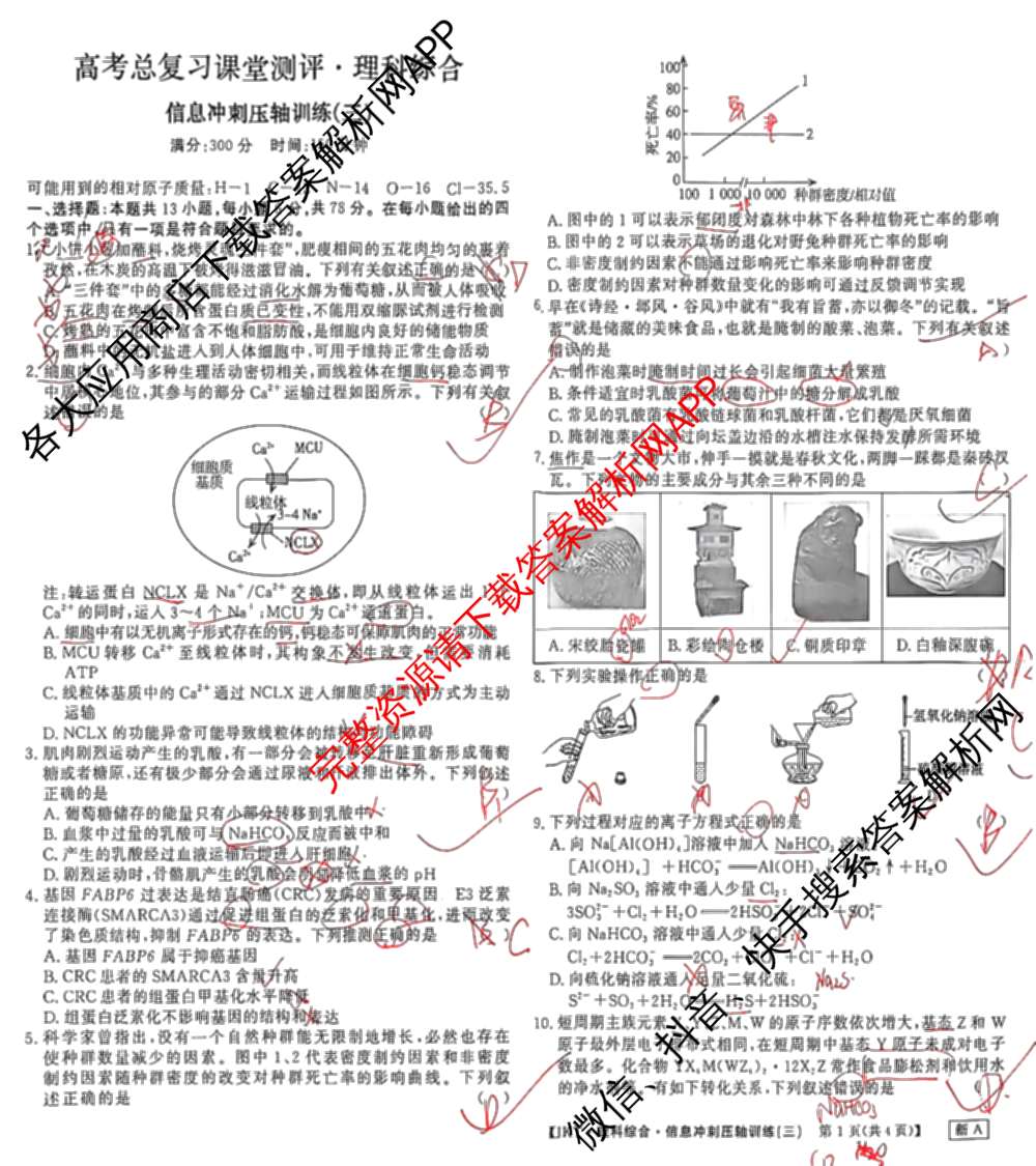 2026高考总复课堂测评 信息冲刺压轴训练(三)3各科答案及试卷: 含化学、文综(新A)、物理(4)试卷解析理综试题