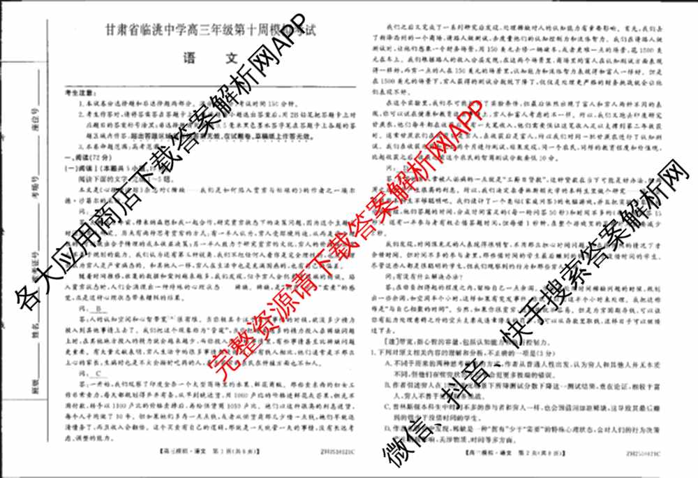 2026届甘肃省临洮中学高三年级第十周模拟考试(ZH2510121C)试卷及答案汇总(已更新数学、政治、化学等9份)语文试题