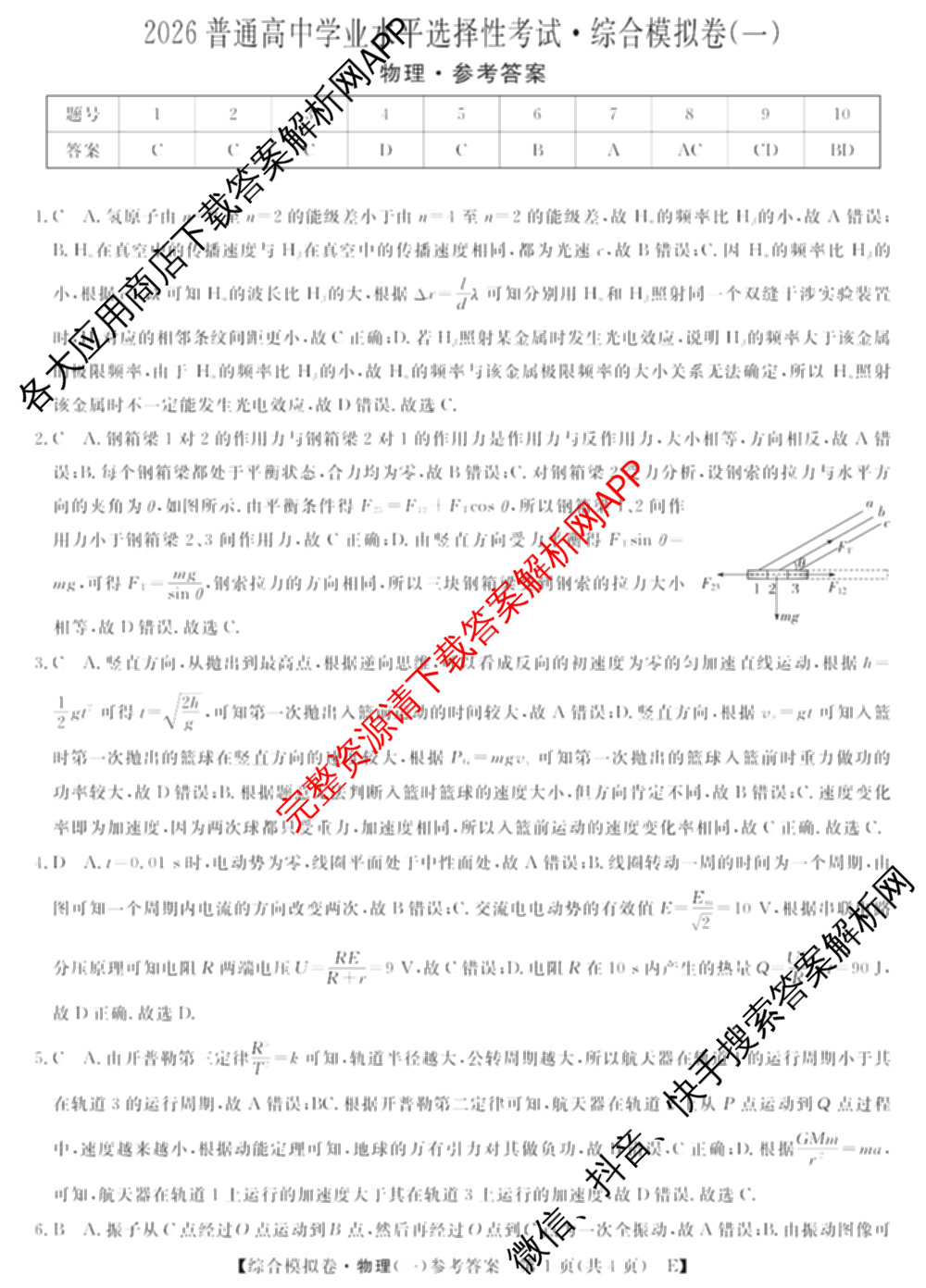 2026普通高等学校招生全国统一考试综合模拟卷(一): 含地理、政治(C)、语文(X)试卷解析物理答案