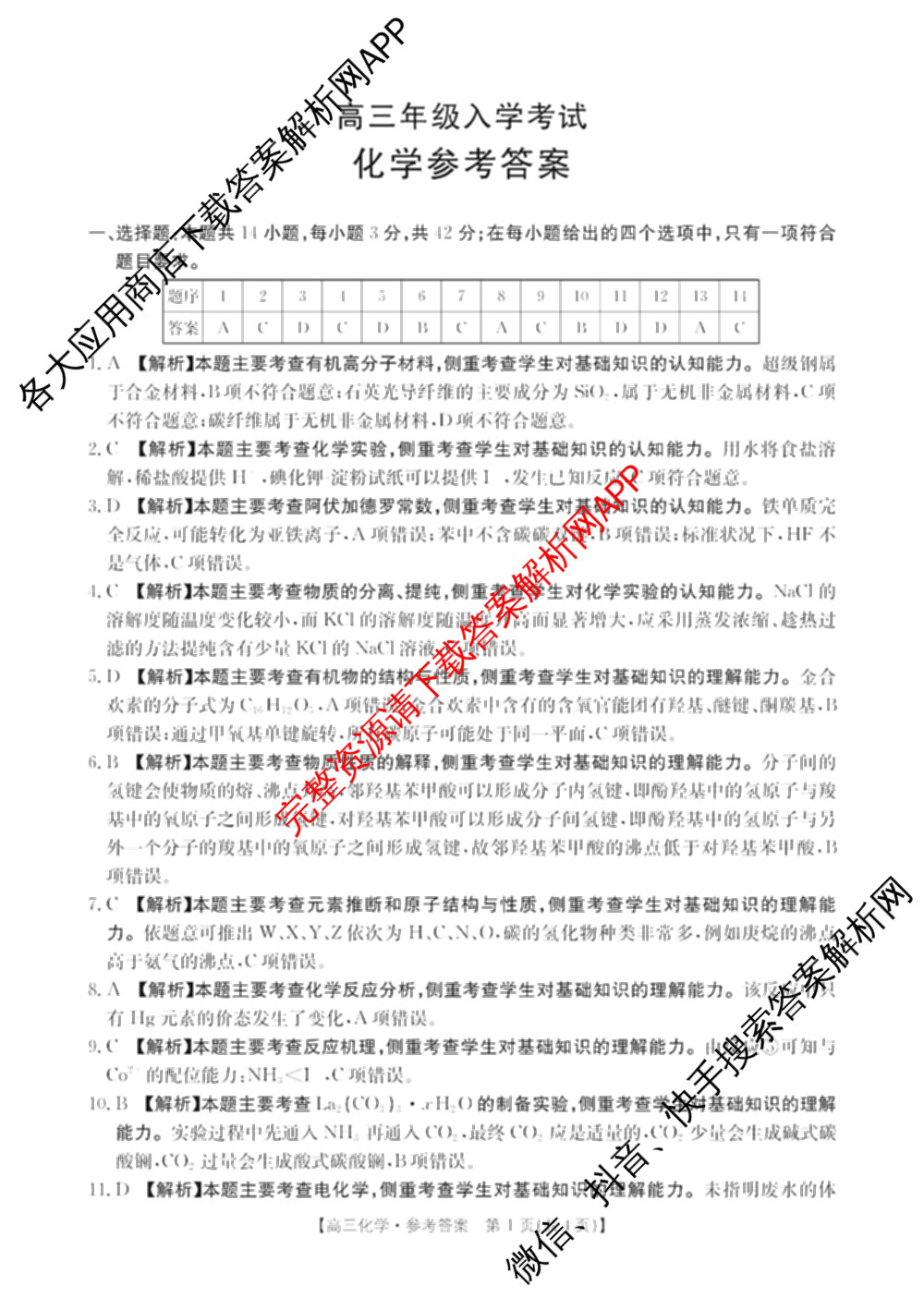 湖南省2026届高三年级入学考试(8.27)（含政治 英语 语文等9份）化学答案