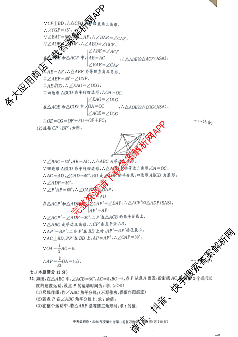 2026年安徽中考第一轮复专题(九)(已更新化学、道德与法治、英语等7份)数学答案